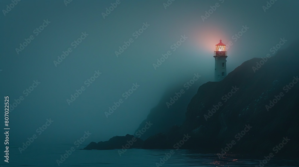 A lighthouse on a rocky coast at night. The light from the lighthouse is shining out over the dark sea.