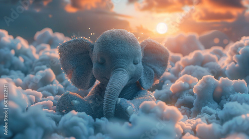 Little elephant snuggled up in cloud blankets.