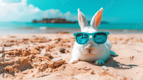  A white rabbit dons sunglasses on a sandy beach against a backdrop of a clear blue sky and vast ocean