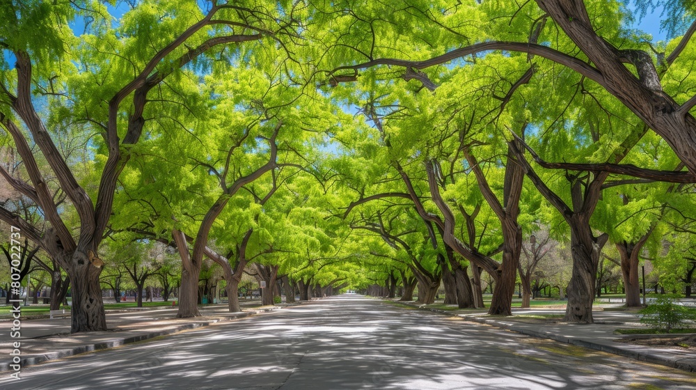 A road bordered by numerous trees and adjoining a forest teeming with abundant green foliage A road bordered by numerous trees and adjoining a forest teeming with abundant green foliage