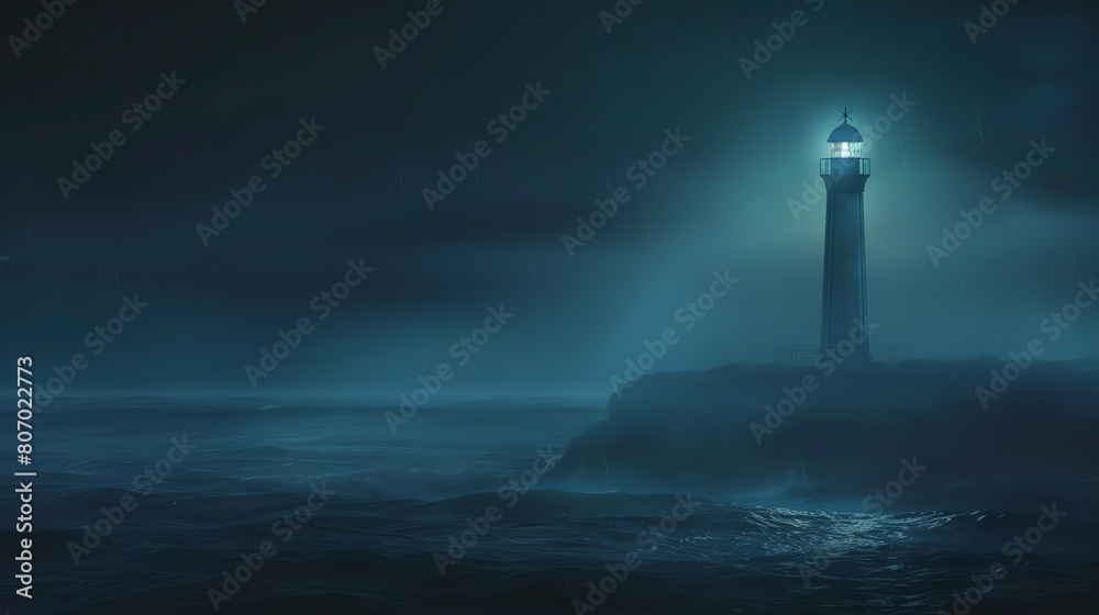A lighthouse stands tall on a rocky coast, its light cutting through the darkness and illuminating the waves below.