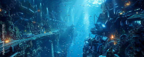 Illustrate a scene where a team of scientists in advanced diving suits explores a sprawling underwater metropolis, featuring holographic displays and neon-lit pathways