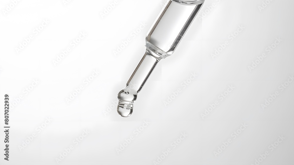 close-up dropper with clear liquid, skin care product concept, oil drop, Clear liquid droplets falling from a dropper that can be used for cosmetic and medical images.