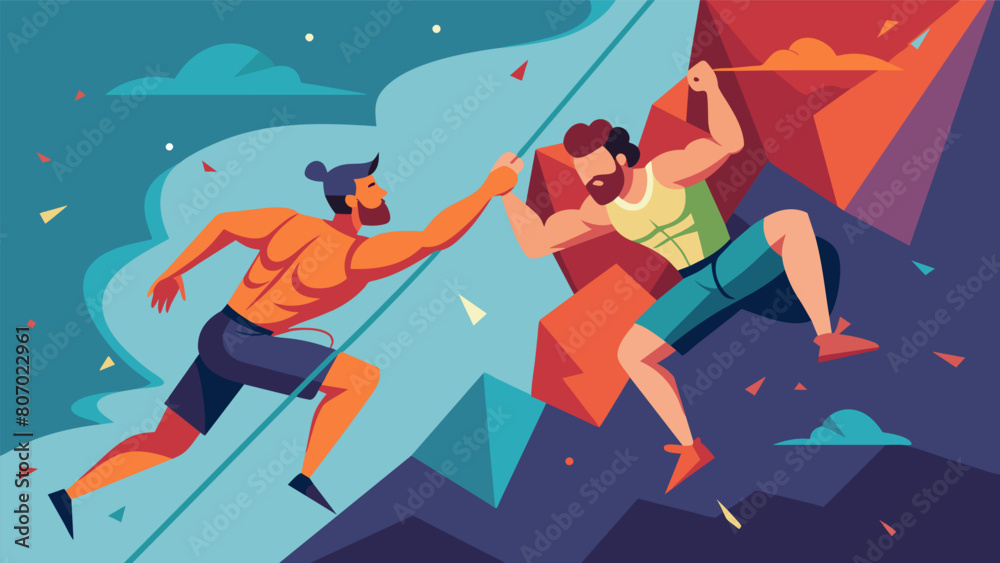 Every muscle in their bodies tenses as the two competitors push themselves to the limit in the intense indoor rock climbing duel.. Vector illustration Every muscle in their bodies tenses as the two competitors push themselves to the limit in the intense indoor rock climbing duel.. Vector illustration