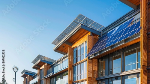 Multiple residential buildings lined up with solar panels installed on their roofs, enhancing energy efficiency.