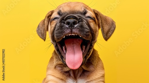   A tight shot of a dog's extended tongue outside its moistened mouth photo