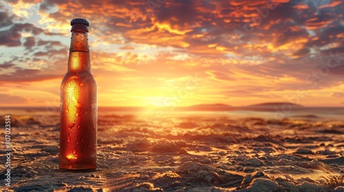   A beer bottle atop a sandy beach, ocean backdrop, sunset behind photo