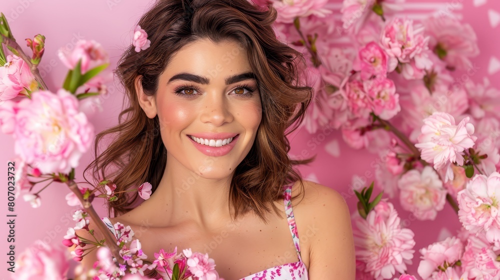   A radiant young woman smiles before a backdrop of vibrant pink blooms, striking a pose for the camera