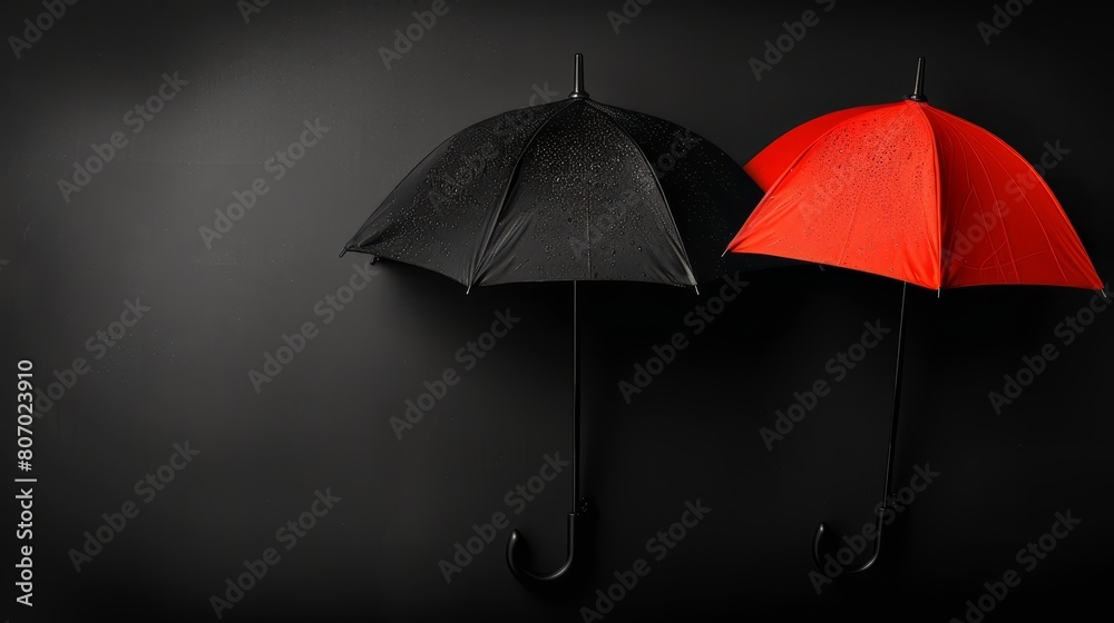   Two umbrellas - one black, two red - hang against a black wall Red umbrella is centered in image