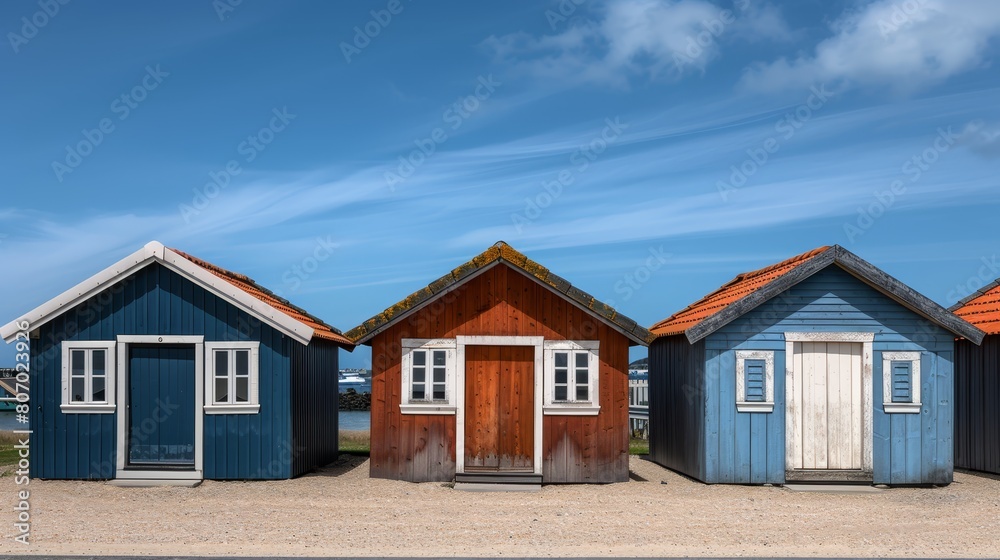   A row of colorful beach huts lines the sandy shore, facing a body of water