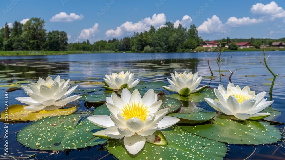 A group of white water lilies floats atop a tranquil lake Nearby, a lush forest of green leaves covers the landscape A group of white water lilies floats atop a tranquil lake Nearby, a lush forest of green leaves covers the landscape