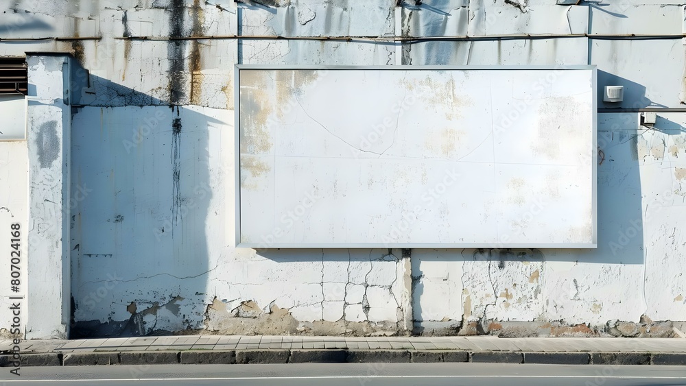 Naklejka premium White billboard on building wall for digital advertising in urban setting. Concept Urban Advertising, Digital Billboards, Building Advertisement, City Marketing