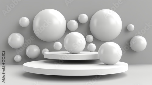   A collection of white balls hover above a circular  white stand against a gray backdrop Gray wall visible in background