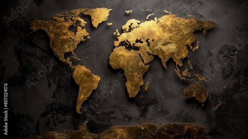  A golden world map against a black and gold background