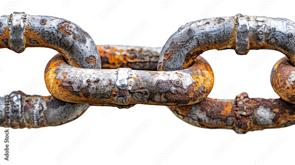 A tight clipping path at the chain's top edges, revealing only a close-up of a rusted metal chain against a pristine white background A tight clipping path at the chain's top edges, revealing only a close-up of a rusted metal chain against a pristine white background