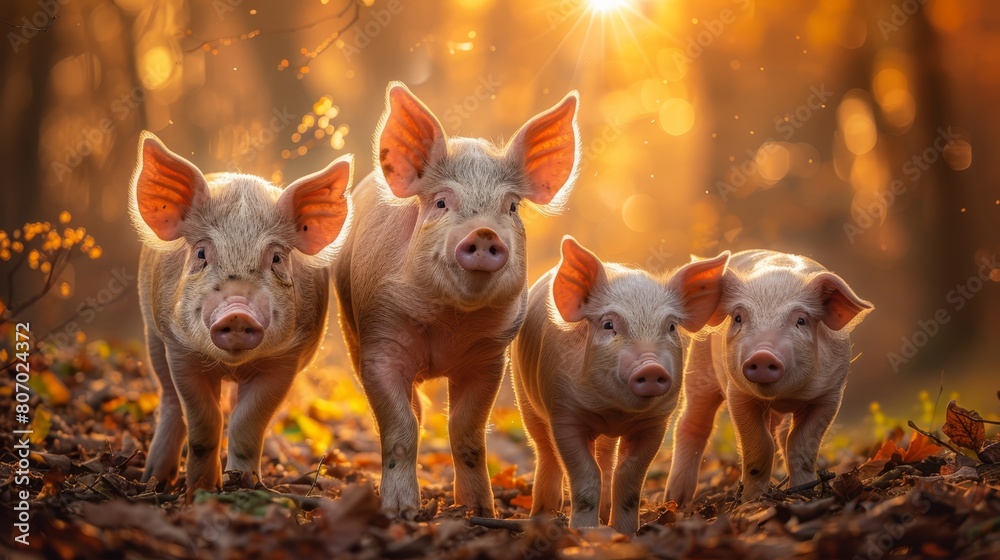Three pigs stand together atop a leafy mound, before the forest edge Three pigs stand together atop a leafy mound, before the forest edge