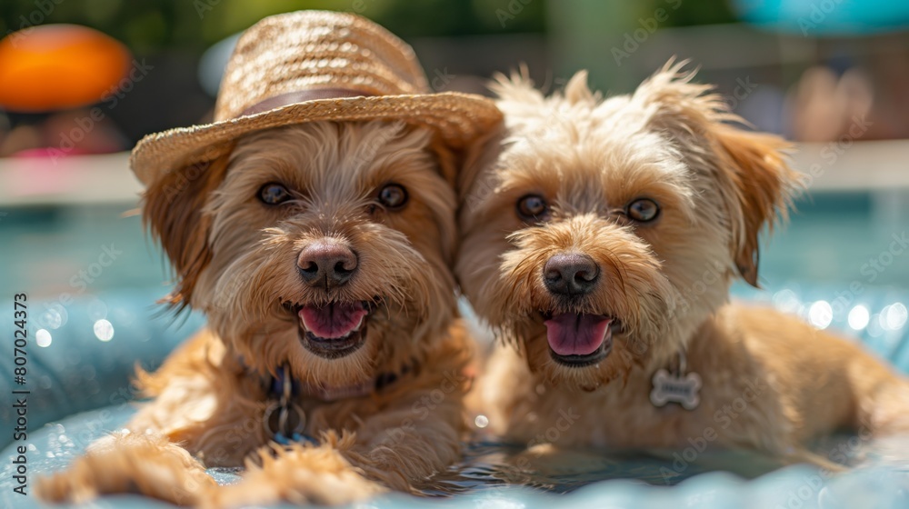 Two happy dogs cooling off in a pool, one wearing a straw hat. Playful terrier pets enjoy summer fun, swimming, reflecting heat relief and joy. Perfect depiction of animals relaxing outdoors. Two happy dogs cooling off in a pool, one wearing a straw hat. Playful terrier pets enjoy summer fun, swimming, reflecting heat relief and joy. Perfect depiction of animals relaxing outdoors.