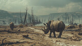 A rhino is walking through a barren landscape with a few other animals
