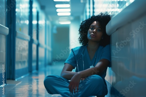 Nurse sitting tiredly in the hospital corridor. photo
