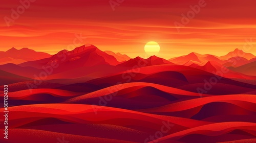  red-hued hills in foreground  sun distant