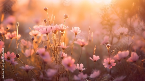 Beautiful cosmos flowers in the meadow at sunset. Soft focus. © NI
