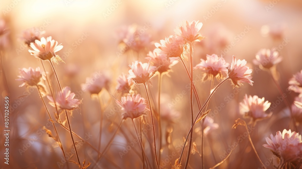 Beautiful pink flowers in the meadow at sunset. Soft focus.