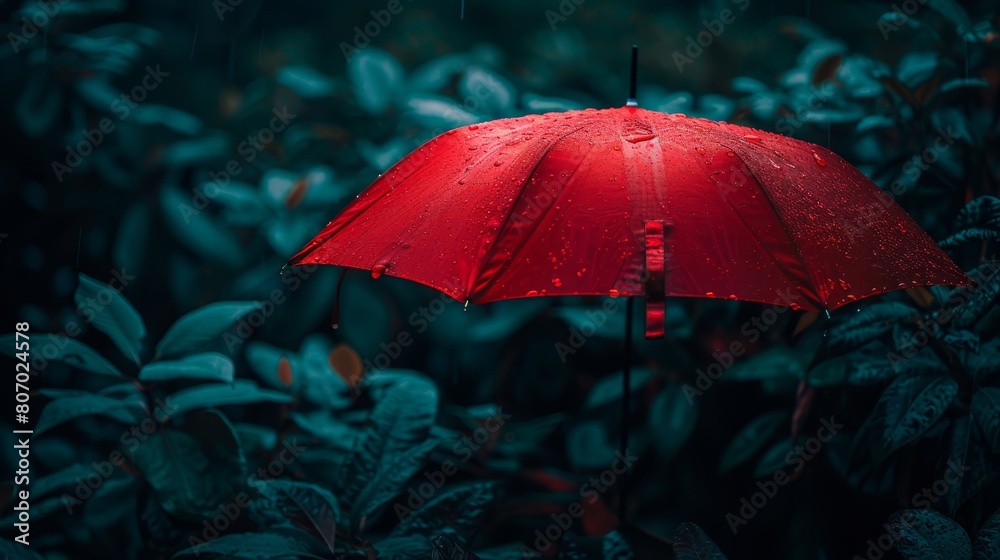   A red umbrella sits in the heart of a verdant forest, teeming with abundant leaves, on a rainy day