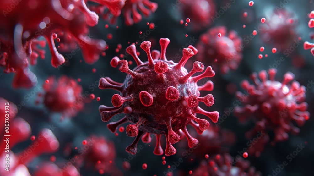 Red Virus Particles Floating in Microscopic View. Medical and Healthcare Concept. Pandemic and Epidemiology such as covid 19, coronavirus, sars, pneumonia, 3d illustration Red Virus Particles Floating in Microscopic View. Medical and Healthcare Concept. Pandemic and Epidemiology such as covid 19, coronavirus, sars, pneumonia, 3d illustration