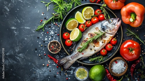   A fish atop a plate, surrounded by tomatoes, lemons, peppers, and a pepper shaker photo