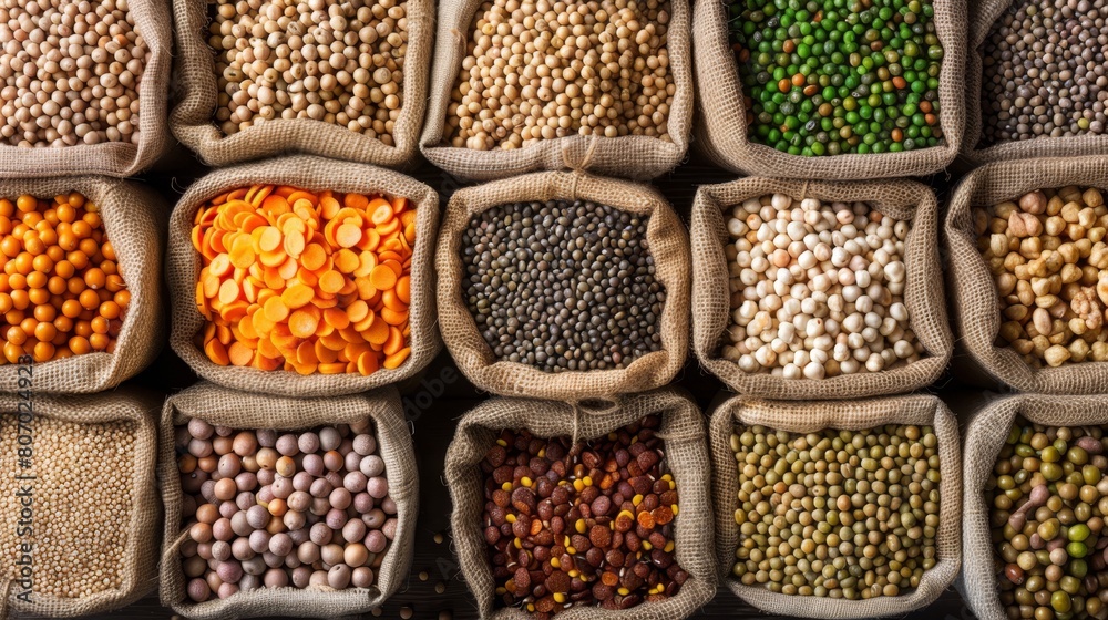 A collection of bags, each brimming with diverse types of beans, arranged neatly on a table A collection of bags, each brimming with diverse types of beans, arranged neatly on a table