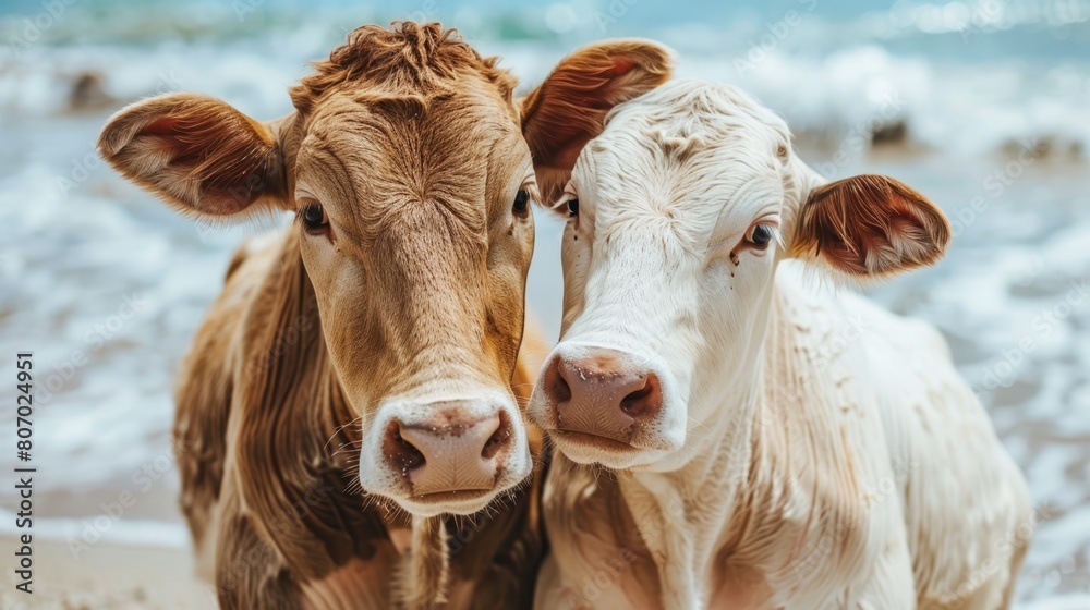 Brown and white cows on beach, facing ocean - two creatures atop sandy shore Brown and white cows on beach, facing ocean - two creatures atop sandy shore