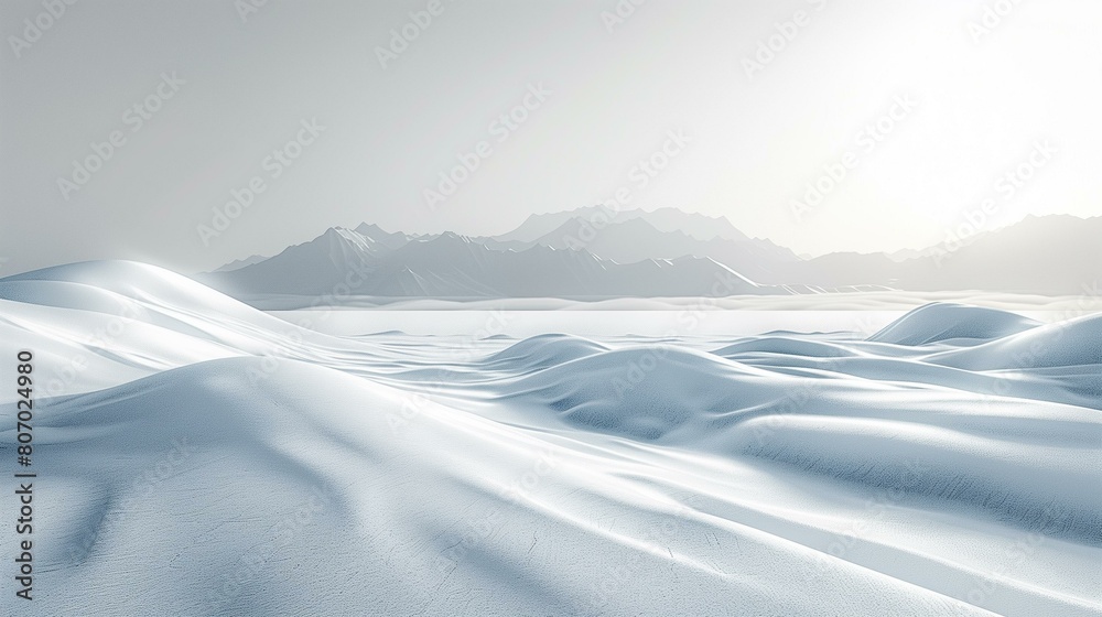 Barren snow desert with distant snow-capped mountains, silent peaceful tranquil serene calm
