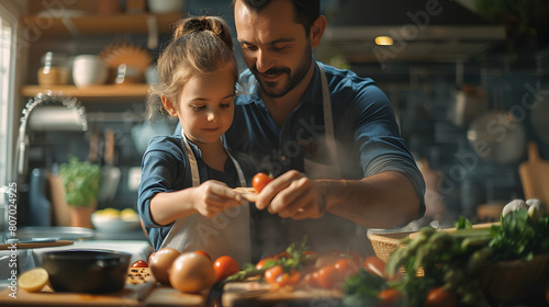 Photo realistic of Father Daughter Cooking Session: A heartwarming Father s Day bond captured as a father and daughter prepare a special meal for the family in a kitchen setting photo