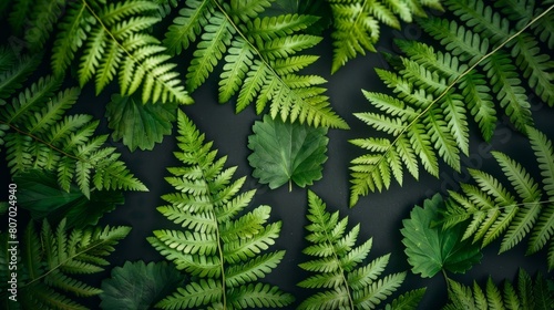   A black table holds a cluster of green leaves  adjacent to a wall adorned with other lush  leafy plants
