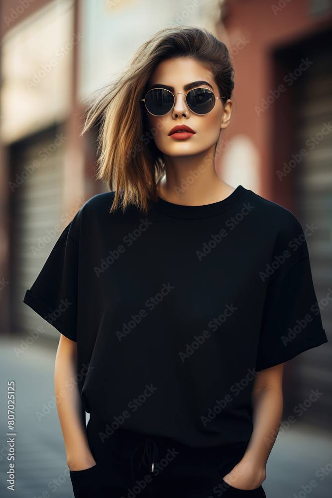 Portrait of a beautiful young woman wearing a black T-shirt and sunglasses Portrait of a beautiful young woman wearing a black T-shirt and sunglasses