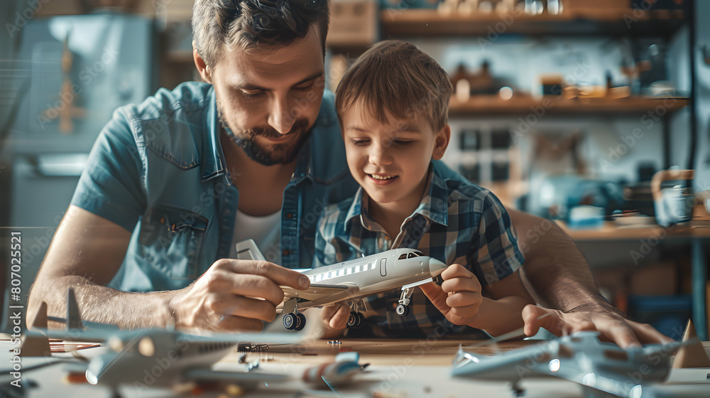 Father and Son Bonding Through Building Model Airplanes: A Photo Realistic Concept Capturing a Relaxing Day Spent Enhancing Technical Skills and Connection