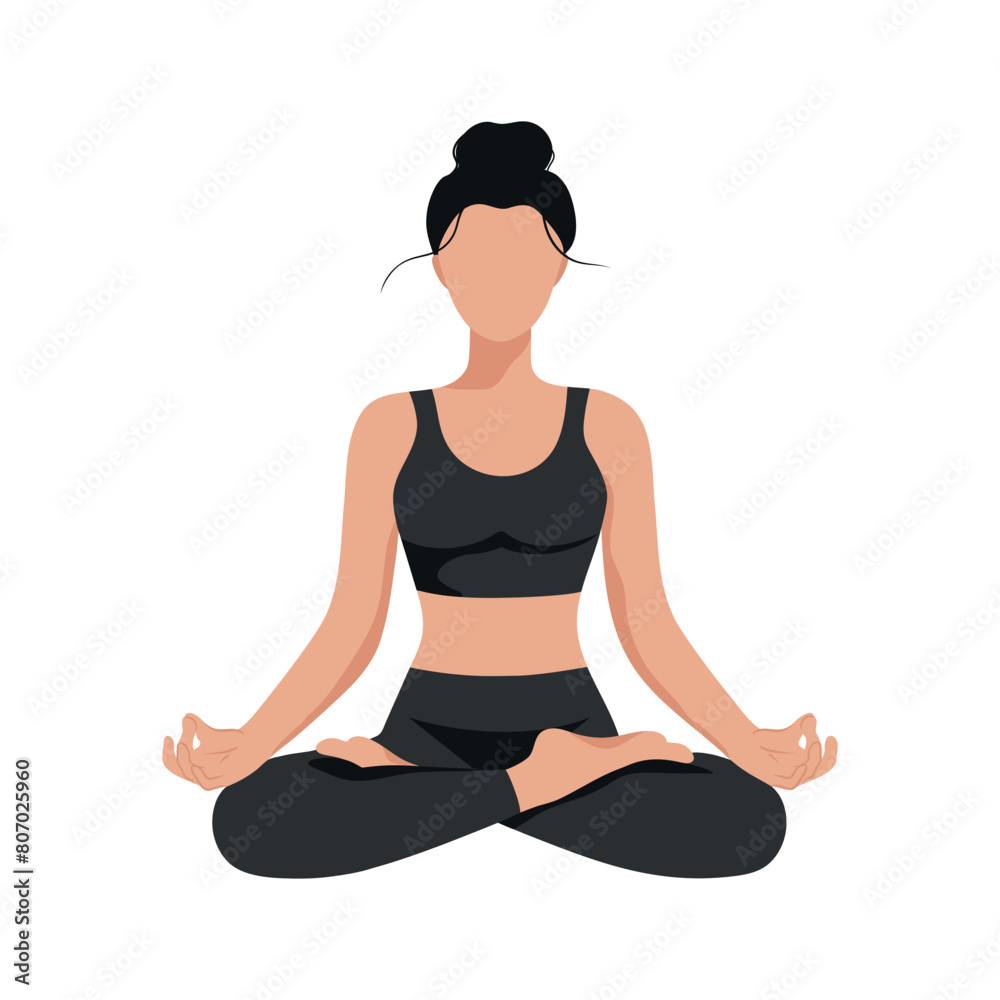 Abstract woman sitting in lotus pose. Meditating girl isolated on white background. International yoga day. Girl doing yoga. Vector illustration Abstract woman sitting in lotus pose. Meditating girl isolated on white background. International yoga day. Girl doing yoga. Vector illustration