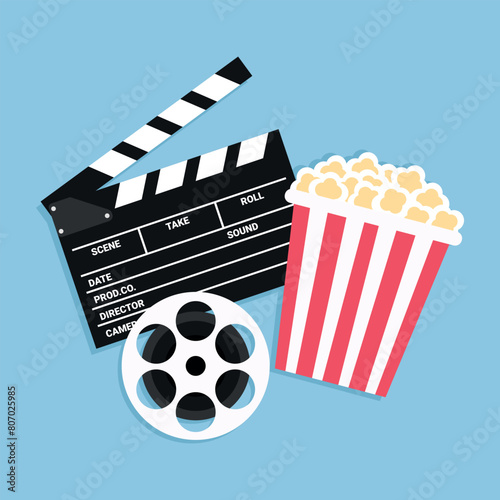 Movie poster template. Cinema background with a film reel, popcorn bucket and clapperboard. Vector illustration in flat style