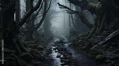 Mystical Fog: Write about a forest where fog conceals ancient secrets. photo