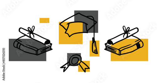 A set of ceremonial elements to celebrate graduation from college. Student symbols for design. Certificate with stamp, graduation cap and book.