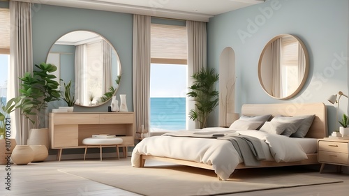 Simple bedroom design including a mock-up of a home dcor. Cozy, fashionable furnishings, a comfy bed, and a modern, AI-powered background with a coastal theme.