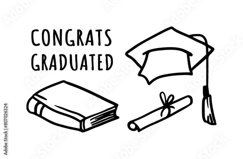 A set of ceremonial elements to celebrate graduation from college. Illustration in outline style for engraving and embossing. Symbols of students. Certificate with graduation cap and book.