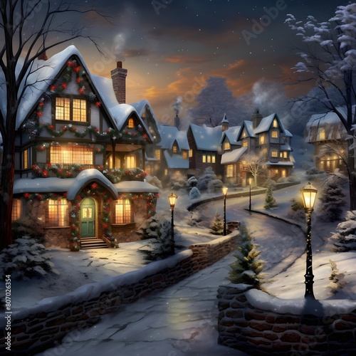 Winter night in the village. Christmas night in a snowy village.