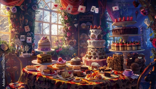 An elaborate tea party scene where cakes and scones are arranged on giant playing cards