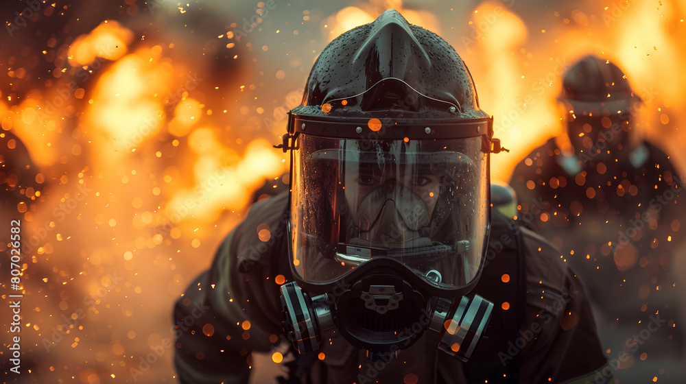 Photo Realistic Firefighter Training Exercise on Labor Day: Firefighters Showcase Dedication to Safety and Service in Rigorous Training Concept