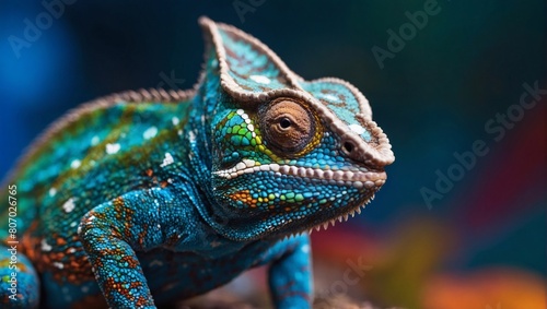 Explore the captivating world of a vibrant chameleon set against a backdrop of brilliant blue  showcasing nature s kaleidoscope in a single mesmerizing image