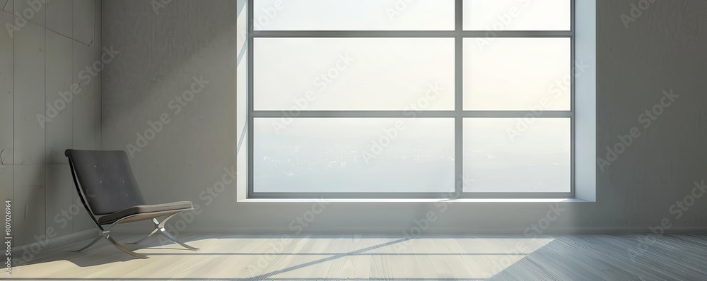 An empty room with a single chair facing a large window, capturing tranquility and simplicity An empty room with a single chair facing a large window, capturing tranquility and simplicity