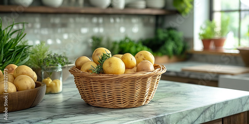 Wallpaper Mural A basket of fresh potatoes on a marble kitchen counter, Light kitchen in the background. Perfect for organic cooking and country kitchen aesthetics, and for advertising home cooked food Torontodigital.ca