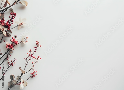 Close up photography with empty space in a white desk, dry plants and flowers, minimalist spring, bird view.