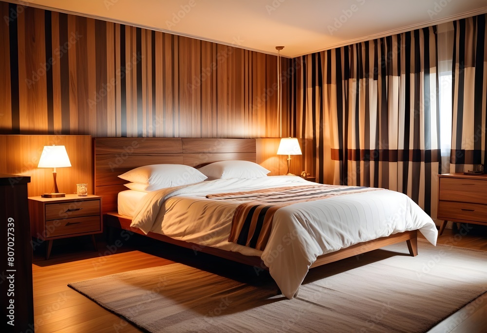  A modern bedroom with a large bed, wooden nightstands, and striped curtains